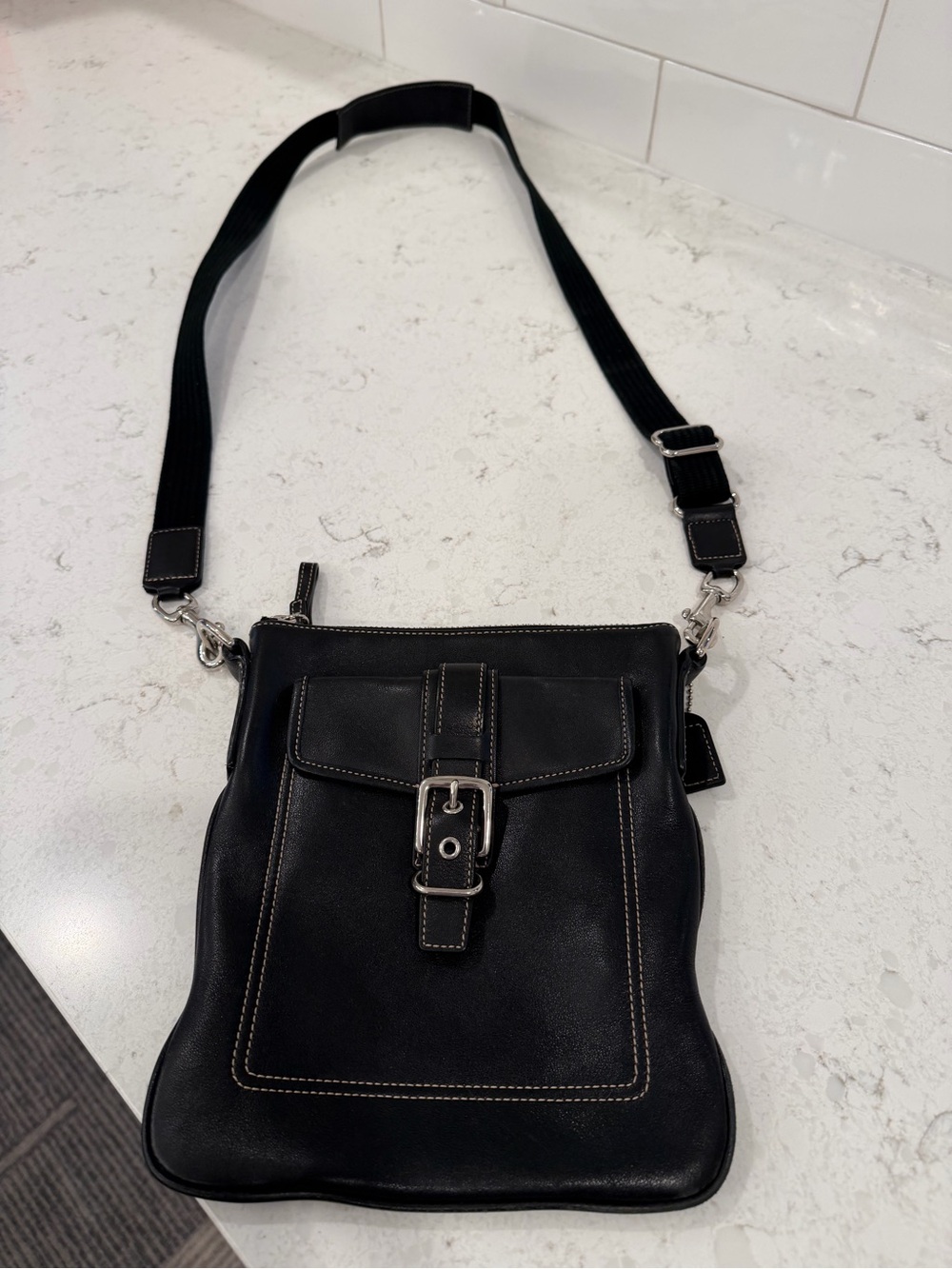Coach Black Leather Crossbody Bag with Buckle Strap EUC